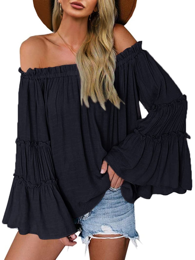 Farktop Womens Off The Shoulder Long Bell Sleeve Tops Flared Casual Loose Blouse Z Black - Image 1